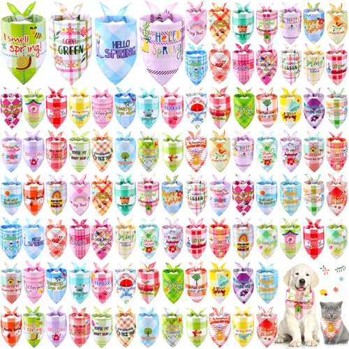 Sweetude 100 Pcs Spring Plaid Dog Bandanas Bulk with Sayings Spring PET Scarf Bibs Adjustable Washable Kerchief Seasonal PET Costume Accessories Grooming Supplies for Small to Large Cats Dogs