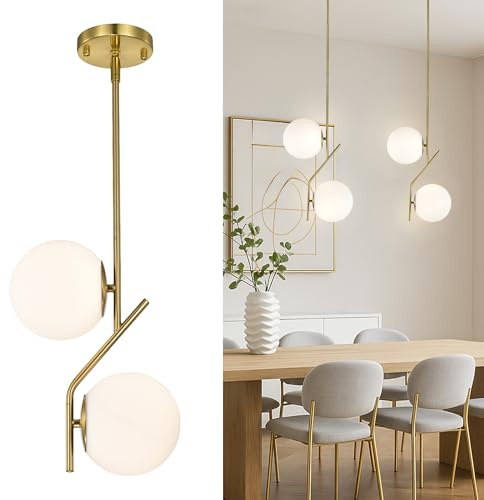 Alighting Pendelleuchte Gold mit 2 Milchglas Kugeln Ø15 cm | Mid Century Modern Pendelleuchte Glas für Kücheninsel Esstisch Flur Schlafzimmer Bad