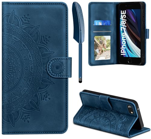 Handyhülle für iPhone SE 2022/2020, Hülle für iPhone 7 / iPhone 8 Lederhülle Flip PU Leder Tasche Case Kartenfach Magnet Ständer Klapphülle Schutzhülle für iPhone SE 2022 5G/ SE 2020/8 / 7, Dunkelblau