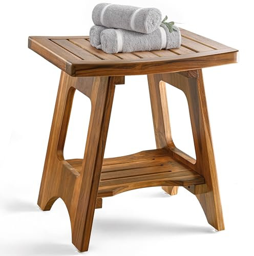 HOLANA 45,7 cm Holz-Duschbänke für Innendusche, Duschhocker aus Holz, wasserdicht, für Rasierbeine, Sitzbank mit Aufbewahrung, Handtuchablage für Badezimmer (Teakholz, 1)