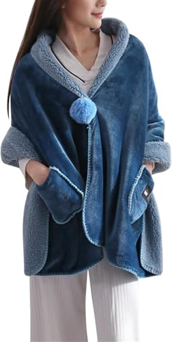 DSAoTeng Mantello da donna con pompon indossabile in pile, morbido, accogliente, spesso, caldo, scialle avvolgente, poncho avvolgente per inverno, casa, ufficio, viaggi, campeggio, Blu scuro, Taglia