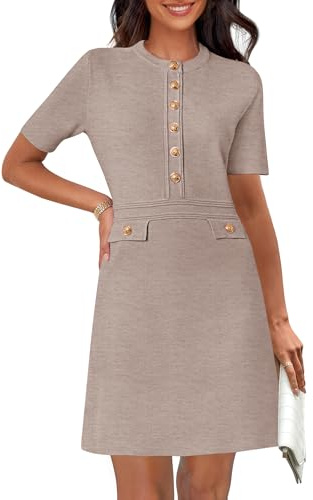 MEROKEETY Women's Summer Bodycon Sweater Dress Business Casual Outfis Short Sleeve Knit Button Formal Elegant Work Dress, Cashmere, Medium