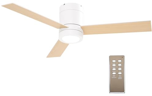 HOMCOM Ventilateur plafond avec lumiere 48 W, ventilateur de plafond avec 3 pales et télécommande 3 vitesses silencieux, lampe ventilateur plafond LED Ø112 cm, pour chambre, salon, naturel et blanc