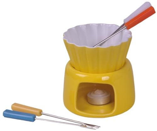 KANLVU Ceramics Fondue Mug Chocolate Melting Pot with Forks Cheese Fondue Sets for Tapas On Christmas, Valentine's Day or Birthday Cheese Fondue Sets(Yellow)