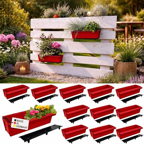 BURI Lot de 12 palettes euros avec tapis d'irrigation | avec système de suspension | 37,3 cm rouge | Jardinière pour palette européenne | Jardinière de balcon | Pot de fleurs | Extrêmement stable