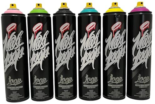 KLAMOTTEN STORE Late Night Action Pack - Sprühdosen Set Maxi Loop - 6 x 600ml, Rosa, Pink, Gelb, Schwarz, Turquoise, Grün - Farbspray Nitro Acryl Lack, hohe Deckkraft inkl. Astro Fatcaps