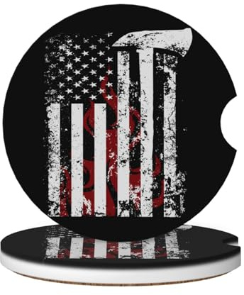 KOSUES American Flame Axe Firefighter Flag Absorbent Ceramic Car Coasters 2 Pack Round Insert Cupholder Coaster Car Cup Holder Mat With Finger Notch Anti-Slip Cork Base Reusable Drink Coasters 2.56 in
