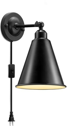 LOGT Retro Wandleuchte Schwenkbar Kopf Wandlampe mit Schalter und Stecker Leselampe E27 Innen Vintage Industrielle Nachttischlampe Schwarz Metall Wandbeleuchtung für Schlafzimmer Wohnzimmer,1piece