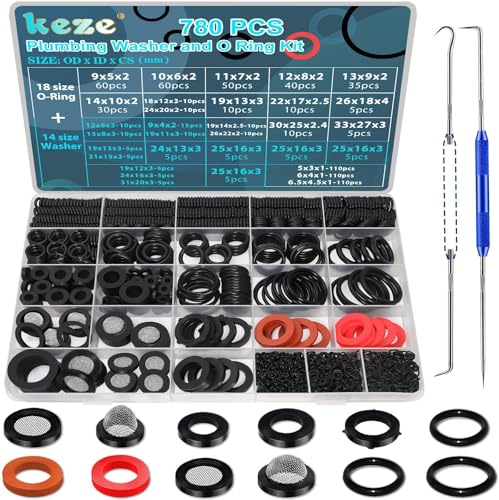 KEZE 780 PCS Rubber Washer Assortment Kit 14 Size Water Hose Washers and 18 Size Nitrile O Ring Washers Set for Outside Tap Spigot Garden Hose Pressure Washer Plumbing Repair OD 5-33MM