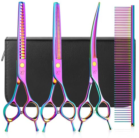 CITYWISH Dog Grooming Scissors, Professional 4 in 1 Dog Shears Set,Chunker Scissers,Curved Scissors,Thinning Shears and Comb for Cat Pet with Left Handed Deg Curved Shear