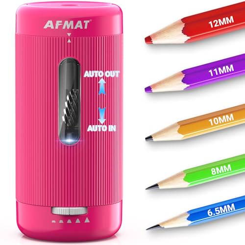 AFMAT Vollautomatischer Elektrischer Anspitzer mit Behälter für Kinder, Aufladbarer USB Klassenzimmer Bleistiftspitzer für Dicke Stifte 6,5-12mm, Batterie und USB für Bildung/Schule/Büro,Rosarot PSC3