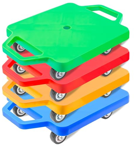 Lot de 4 Planches à roulettes pour Enfants avec Poignées, Scooter Board Assis Coloré avec Roues Pivotantes 360°, Jeu d'Équilibre pour Maison, École, Gymnase et Activités Sportives, 6 Ans+