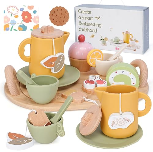 BBWELL Services à Thé en Bois,Tea Party Jeux de Rôle,Service à Thé Jouets,Dînette Enfant Accessoire Jeux de Cuisine,Jouet de Cuisine en Bois Faisant Semblant pour Enfants Filles 3+Ans