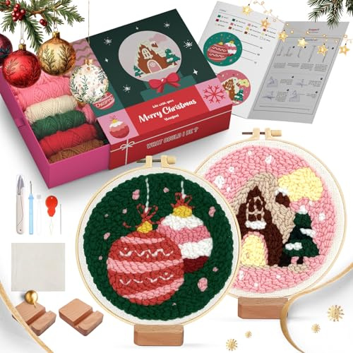 yuegool 2 st julstans nål dekorationssats, enkelt gör-det-själv stansningsnål broderisats för nybörjare vuxna barn inklusive mönster, verktyg, garn, ring, instruktion, konsol konst hantverk tillbehör