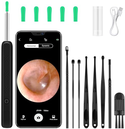 BUTBU Otoscopio, 8 Kit Pulizia Orecchie, Nero | Impermeabile Endoscopio con 6 Luci LED, Pulisci Orecchie per iPhone, iPad e Android