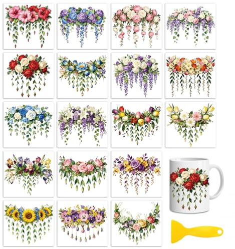 Peacoblue Lot de 18 feuilles de transfert de papier peint pour travaux manuels, guirlande de fleurs colorées, 9,2 x 10 cm, autocollants UV-DTF, imperméables, pour bois, verre, tasses, miroirs, tasses