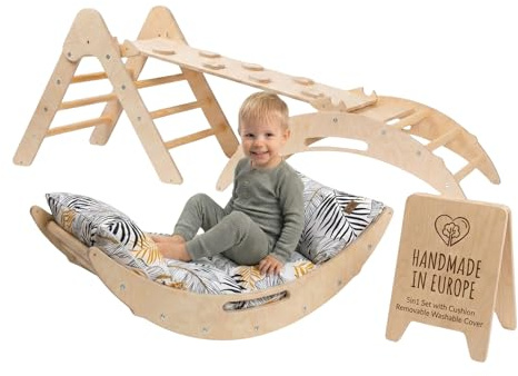 WoodsCraft 5in1 Set: Kletterbogen mit Kissen, Kletterdreieck, Rutsche/Rampe | Midi Set mit hypoallergen Kissen für Kletterbogen, holz Montessori Klettergerüst indoor, Babyrutsche, Klettern Baby & Kinder