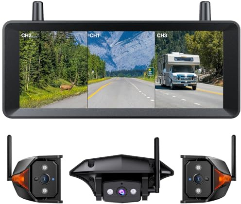 AUTO-VOX Wireless RV Backup Camera System: Rear and Side Coverage on a Large 7.2’‘ HD Monitor, Triple Split View, IR Night Vision, DVR Recording Back up Camera for RV,Travel Trailer,Motorhome,Camper