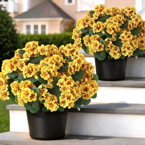 2Pcs 18 Artificial Geranium Flower Topitary Tree for Outdoor (Yellow) | No Assembly Needed, Artificial Silk Flower Potted Plant, UV-resistant, for Outdoor/Garden/Farmhouse/Home/Spring/Summer Decor
