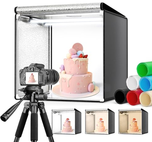 Scatola Fotografica 60 x 60cm, Set Fotografico Professionale con 2 Pannelli Luminosi a LED Regolabili e Dimmerazione Continua a 5600K, 6 Fondali in PP per Fotografie di Prodotti su Larga Scala