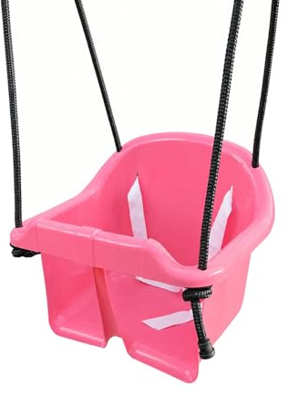 Columpio para bebé rosa viejo con barra de seguridad y cinturón de seguridad, asiento de plástico duro, cuerda ajustable de 135 a 160 cm, resistente a la intemperie, para jardín e interior, soporta