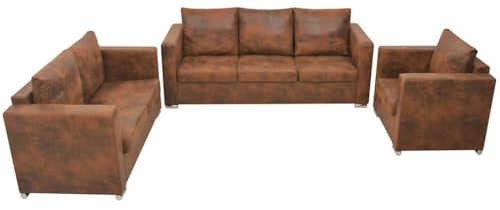 Kaloriko Sofagarnitur 3-TLG mit künstlichem Wildlederbezug braun aus Holzrahmen 3-Sitzer, 2-Sitzer Sofa und Sessel, modernes Polstergarnitur Set für Wohnzimmer