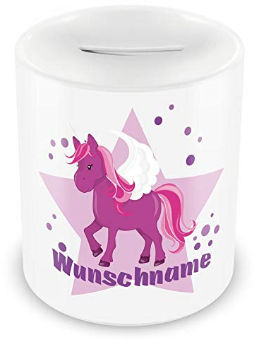 Samunshi® Kinder Spardose mit Namen und Lila Einhorn als Motiv für Kinder - Jungen und Mädchen Sparschwein 330ml weiß
