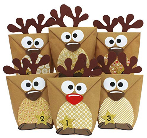 Papierdrachen Adventskalender 2025 zum Befüllen - 24 Rentiere aus Kraftpapier - braune Muster - inkl. Zubehör - DIY Set zum Basteln & Gestalten