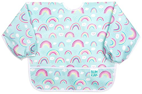 Bumkins Sleeved Bib for Girl or Boy, Baby and Toddler for 6-24 Mos, Essential Must Have for Eating, Feeding, Baby Led Weaning Supplies, Long Sleeve Mess Saving Food Catcher, Soft Fabric, Rainbow Blue