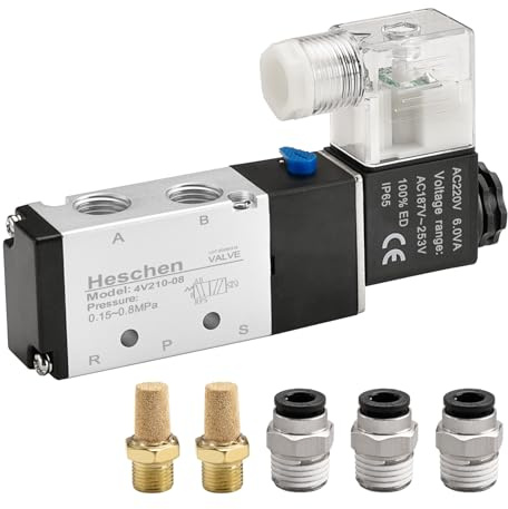 Heschen Pneumatisches Magnetventil, elektrisch, 4V210-08, 220VAC, PT1/4, 5-Wege, 2 Positionen, einspulig, pilotbetrieben, elektrisch, CE mit Beschlägen und Schalldämpfer