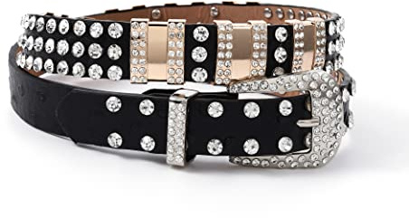 Sethexy Ceinture Strass pour femme Cow-girl de l'Ouest Bling Ceinture en cuir à clous en cristal pour Jeans Pantalons (Noir, 110cm)