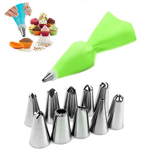 Sacchetti per pasticceria in silicone Ugelli per tubazioni Strumenti per decorare torte alla crema Sacchetti per pasticceria + 24 Set di ugelli Punte riutilizzabili Cucina-E10-12 pezzi-verde