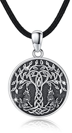 Cadena de árbol de la vida para hombre de plata de ley 925 árbol de la vida cuervo lobo colgante celta nudo redondo amuleto vikingo joyas regalos para mujeres hombres