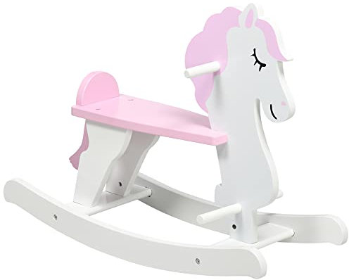 HOMCOM Cheval à Bascule en Bois pour Enfant de 1 à 3 Ans Jouet à Bascule bébé garçons et filless Repose-Pied butées Blanc et Rose