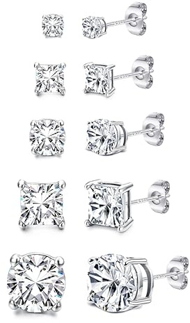 Pendientes de plata de ley 925 para hombre 5 pares de pendientes chapados en oro de 14k para las mujeres redondas y cuadradas de zirconia cúbica hipoalergénica arete de talla 3/5/8 mm, plata