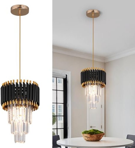 Kaniker Crystal Chandelier Gold Pendant Light Fixtures Modern Round Crystal Pendant Light for Kitchen Island D9'' Luxury Hanging Light for Dining Room LED Light with Bulb for Bedroom Living Room