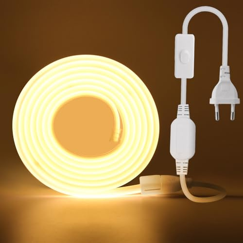 KISUFU 220V COB LED Strip mit Schaltstecker 10M,288 LEDs/m Flexible Hohe Dichte CRI≥85 FCOB LED Streifen,Led Band IP65 Wasserdichte Superhell LED Lichtband für Schlafzimmer, Schrankbeleuchtung