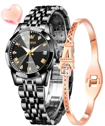 OLEVS Damenuhr Diamant Analog Quarz Uhren Damen Edelstahl Wasserdicht Leuchtend Modisch Elegantes Kleid Armbanduhr Armreif Geschenk Set