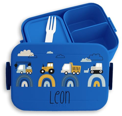 Kinder Bento Box Midi Lunchbox für Mepal Bentobox - Baustelle mit Name personalisiert Brotdose Bagger I Traktor I LKW I Kipper I Planierraupe I Kran - 900 ml - Blau - butterbrotdose kindergarten