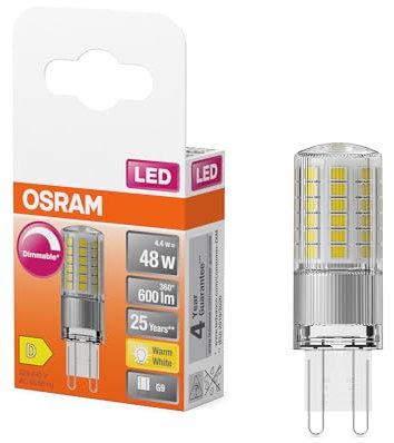 OSRAM LED PIN LED-Lámpara aus klarfarbenem Kunststoff, mit 4.4 W für 600 lm, warmweißes Licht mit 2700 K, multicolor, Retrofit-Stecksockel G9, CRI 80, EEK D, dimmbar.