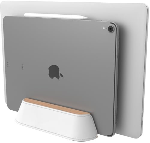 KUSOVILI Doppelter Vertikaler Laptop-Ständer, Verstellbare Handgefertigte Dockingstation aus Massivem Holz und Leder für 2 Geräte bis zu 17,3 Zoll, Kompatibel mit MacBook Pro/Surface/Samsung/HP/Dell
