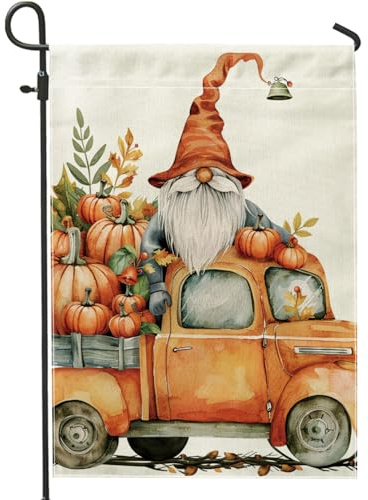 Drapeau de jardin de récolte d'automne, camion citrouille orange, décoration de nain d'automne, drapeau double face en toile de jute, drapeau de cour, fête de vacances, décoration de pelouse