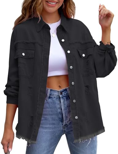 MGizo DtiSpectrum Giacca in Jeans Strappati e Sfilacciati da Donna - Vestibilità Ampia, Modello Boyfriend con Maniche Lunghe, Giacca da Camionista con Bottone in Metallo