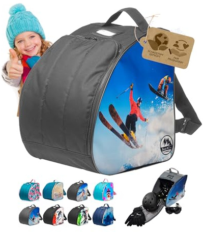 BambiniWelt by Rafael K. Kinder Skistiefeltasche [Ski-Schuh-Tasche für Kinder] Skiboots Rucksack integrierte Standfläche Platz für Boots Helm Skibrille Handschuhe Kinder-Skischuhrucksack