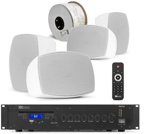 4x 4 Wall Mounted Speakers & 120W Amplifier Commercial Speaker System with CD Player – Background Music System, Bluetooth & MP3 Playback, Weatherproof for Indoor/Outdoor Use