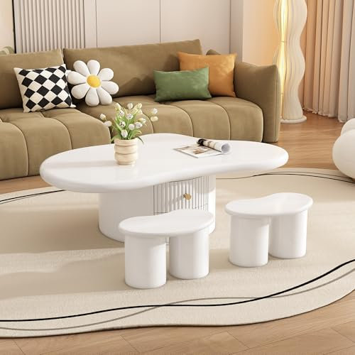 Merax Couchtisch unregelmäßiger, Modern Wohnzimmertisch in Wolkenform mit 2 kleinen Bänken, elegant Sofatisch Kaffeetisch mit 2 Stauraum Schubladen, stabil Beistelltisch für Büro, Schlafzimmer, Weiß