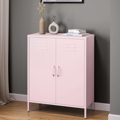 skølm Atria Kommode, mit 3 Fächern, Rosa, Metallschrank mit Doppeltüren | Sideboard, Mehrzweckschrank mit flexiblen Einlegeböden, Industrial Highboard, Aufbewahrungsschrank/Flurschrank für Flur