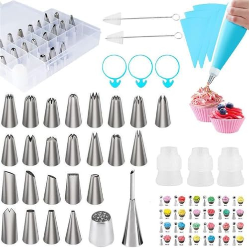 Spritzbeutel mit Tüllen, 38 Stück, Kuchenzubehör mit Spritztüllen, Edelstahl, Silikon Spritzbeutel für Cupcakes, Kuchen dekorieren, Kuchen