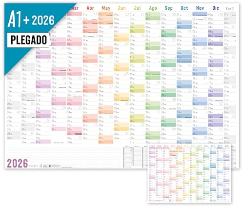 Häfft® Calendario de pared XXL 2026 A1+ en español (63 x 89 cm) plegado «Arco Iris» + planificador anual A4 de regalo, días festivos de España - sostenible y respetuoso con el clima