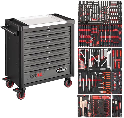 Vigor Werkstattwagen Series XL, Edelstahl-Arbeitsplatte, mit Sortiment | Länge 949 mm, Breite 523 mm, Höhe 1017 mm, 150000 g, 416-teilig , 8 Schubladen gesamt, Aufbewahrung von Werkzeug